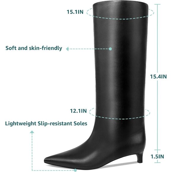 ⚡Women's Black Knee High Boots 1.5-in Stiletto Low Heel Pull On Pointed Toe - Picture 4 of 9